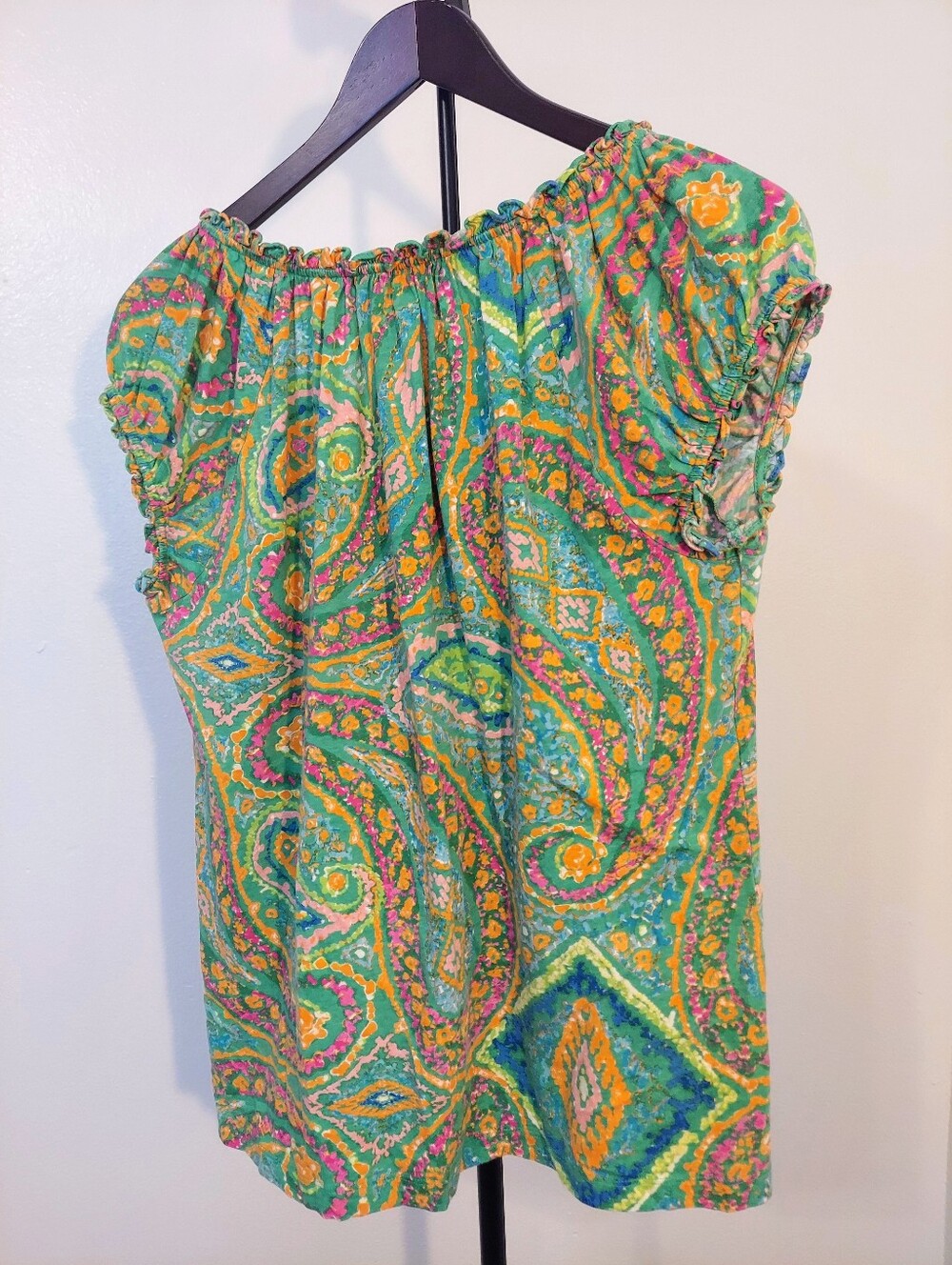 Ralph Lauren Women's Cotton Paisley Pattern Ruffled Cap Short Sleeve Top Size L - Picture 2 of 5